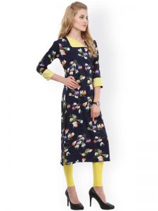 Women Navy Blue Printed Crepe Straight Kurta