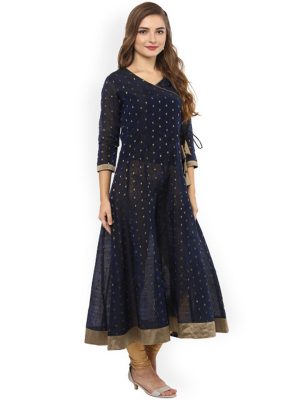 Women Navy Blue & Gold-Toned Printed Anarkali Kurta