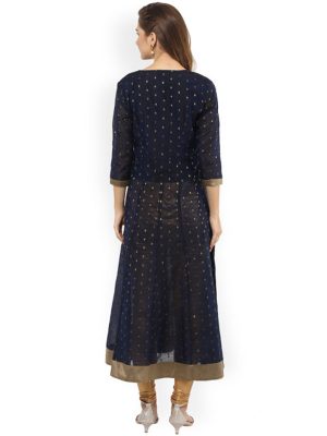 Women Navy Blue & Gold-Toned Printed Anarkali Kurta