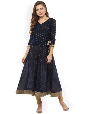 Women Navy Blue & Gold-Toned Printed Anarkali Kurta