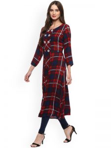 Women Red & Navy Blue Checked A-Line Kurta