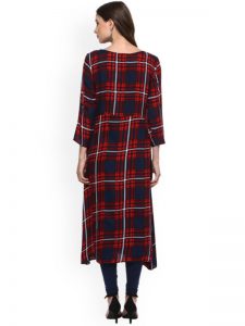 Women Red & Navy Blue Checked A-Line Kurta