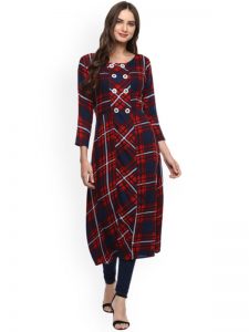 Women Red & Navy Blue Checked A-Line Kurta