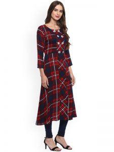 Women Red & Navy Blue Checked A-Line Kurta