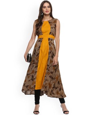 Women Brown Panelled Printed Anarkali Kurta