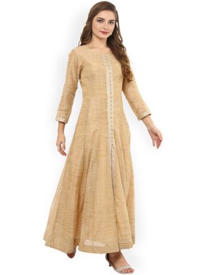 Women Beige Woven Design Anarkali Kurta