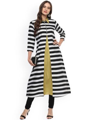 Women Black & White Striped Layered Kurta