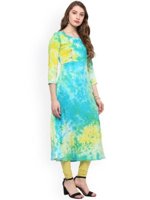 Women Green & Blue Printed Straight Kurta