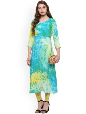 Women Green & Blue Printed Straight Kurta