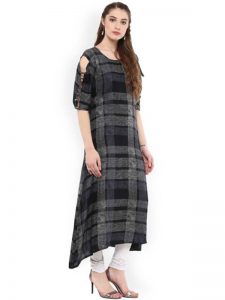 Women Black & Grey Checked A-Line Kurta