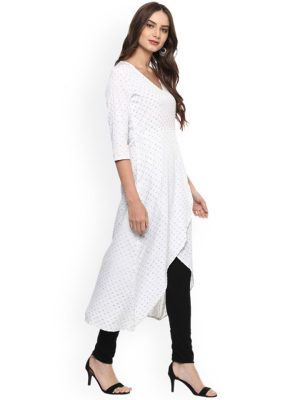 Women White Printed Overlapped A-Line Kurta