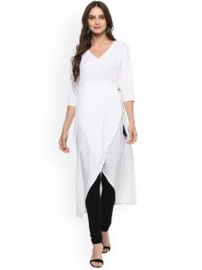 Women White Printed Overlapped A-Line Kurta