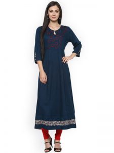 Women Navy Blue Solid A-Line Kurta