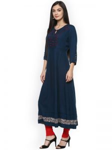 Women Navy Blue Solid A-Line Kurta