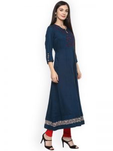 Women Navy Blue Solid A-Line Kurta