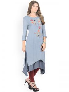 Women Grey Embroidered Layered Asymmetric Kurta