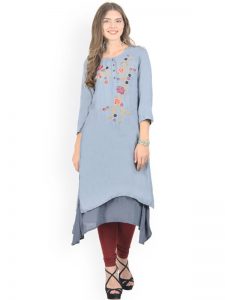 Women Grey Embroidered Layered Asymmetric Kurta