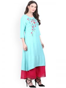 Women Turquoise Blue Embroidered A-Line Kurta