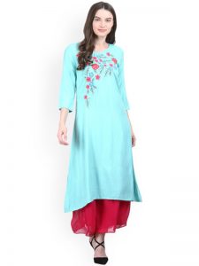 Women Turquoise Blue Embroidered A-Line Kurta