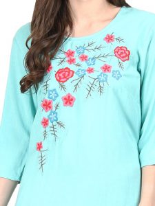 Women Turquoise Blue Embroidered A-Line Kurta