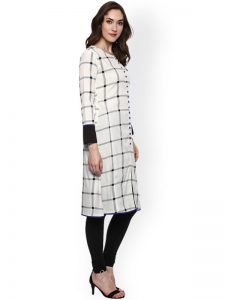 Women White Checked A-Line Kurta