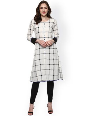 Women White Checked A-Line Kurta