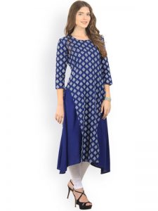 Women Blue Printed A-Line Layered Kurta