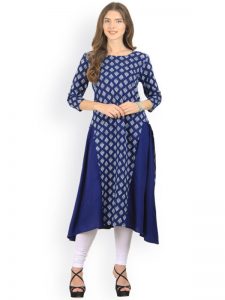 Women Blue Printed A-Line Layered Kurta