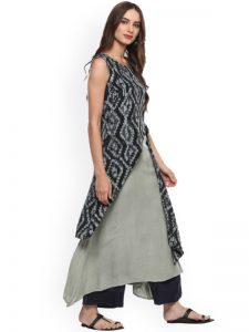 Women Black & Grey Abstract Print Layered A-Line Kurta