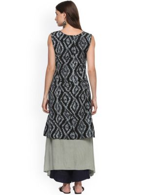 Women Black & Grey Abstract Print Layered A-Line Kurta