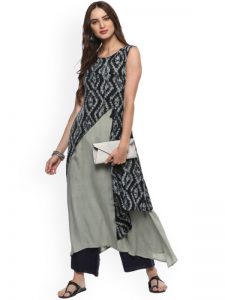 Women Black & Grey Abstract Print Layered A-Line Kurta