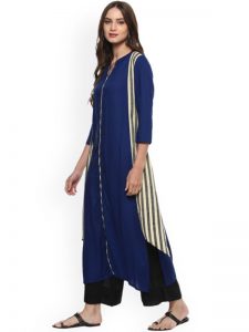 Women Blue Solid Kurta with Layered Striped Shrug-Like Detail