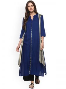 Women Blue Solid Kurta with Layered Striped Shrug-Like Detail