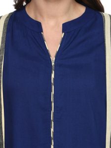 Women Blue Solid Kurta with Layered Striped Shrug-Like Detail