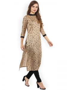 Women Beige & Black Printed Straight Kurta