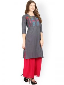 Women Grey Embroidered Straight Kurta