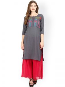 Women Grey Embroidered Straight Kurta