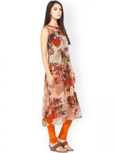 Women Beige & Orange Floral Print A-Line Kurta