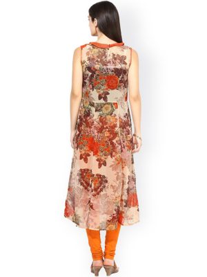 Women Beige & Orange Floral Print A-Line Kurta