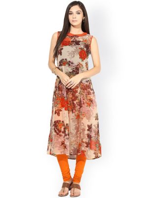 Women Beige & Orange Floral Print A-Line Kurta