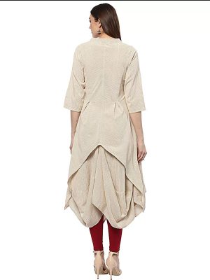 Beige Solid Cotton Three-quarter Sleeves V-neck Pathani Knee Length Curved Kurti