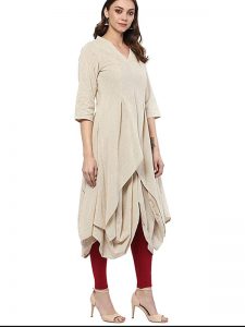 Beige Solid Cotton Three-quarter Sleeves V-neck Pathani Knee Length Curved Kurti