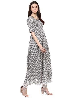 White Solid Cotton Three-quarter Sleeves V-neck Anarkali Knee Length Curved Kurti