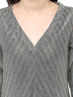 Grey Solid Cotton Three-quarter Sleeves V-neck Pathani Knee Length Curved Kurti
