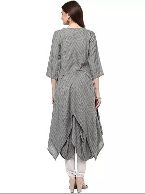 Grey Solid Cotton Three-quarter Sleeves V-neck Pathani Knee Length Curved Kurti