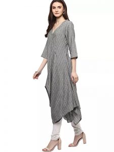 Grey Solid Cotton Three-quarter Sleeves V-neck Pathani Knee Length Curved Kurti