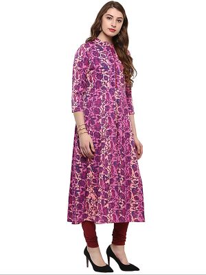 Pink Floral Crepe Scoop Neck Kurti