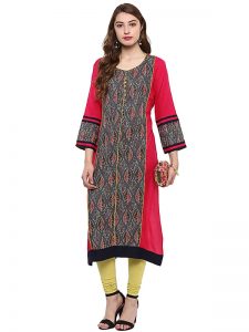 Red Floral Crepe Round Neck Kurti