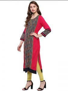Red Floral Crepe Round Neck Kurti