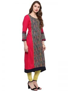 Red Floral Crepe Round Neck Kurti